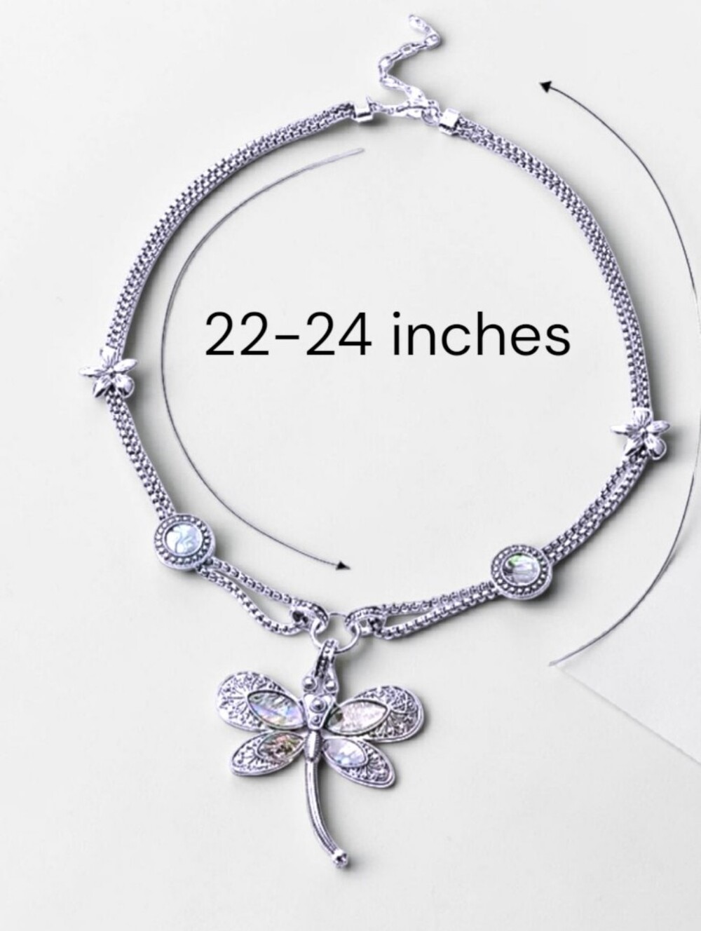 Abalone Shell and Austrian Crystal Dragonfly Necklace in Silvertone 22-24" - Picture 4 of 5